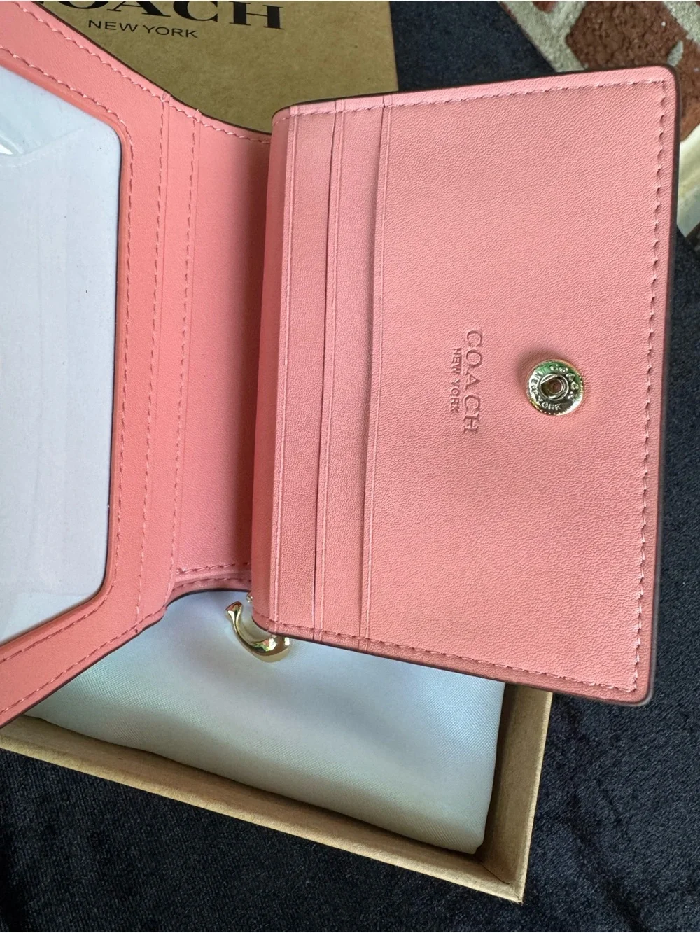 COACH Pink Floral Signature Compact Wallet in Cream